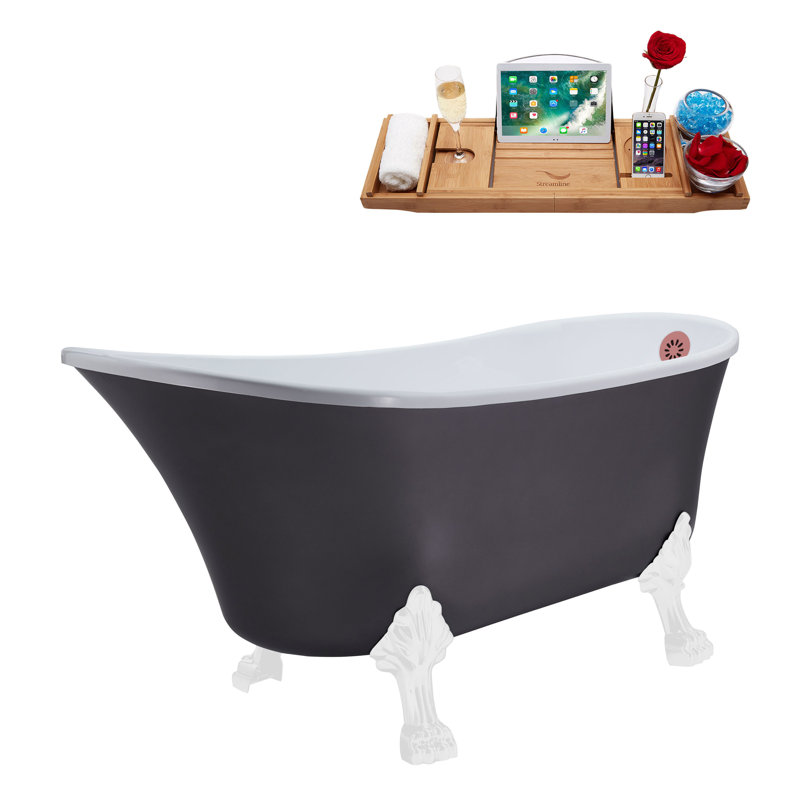 55" Streamline Clawfoot Soaking Acrylic Bathtub With Drain, Clawfeet, and Bamboo Tray, Glossy White, Matte Pink