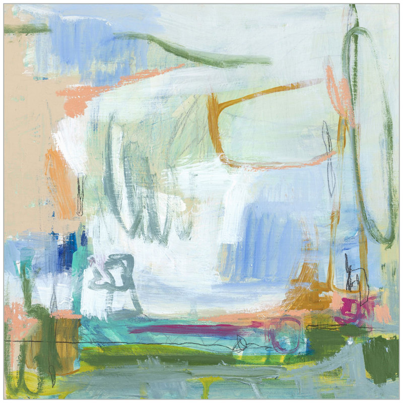 «Color and Atmosphere 1», reproduction encadrée sur toile, Vert / bleu / blanc / beige, Cadre blanc mat