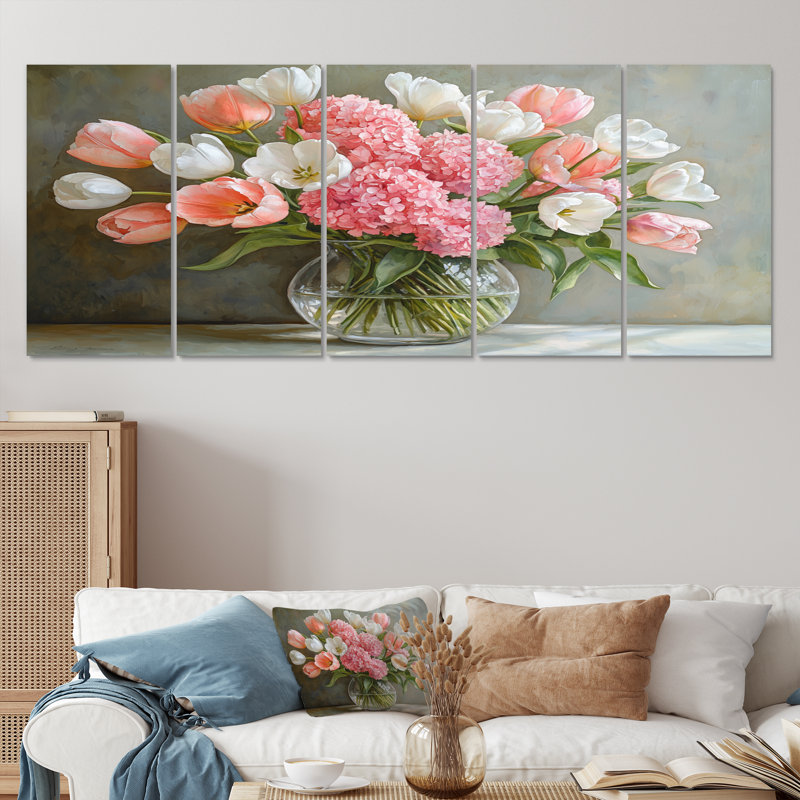 Hortensias roses et blancs et tulipes dans un vase - hydrangées - Art mural traditionnel, H 32 po x l 80 po, 5