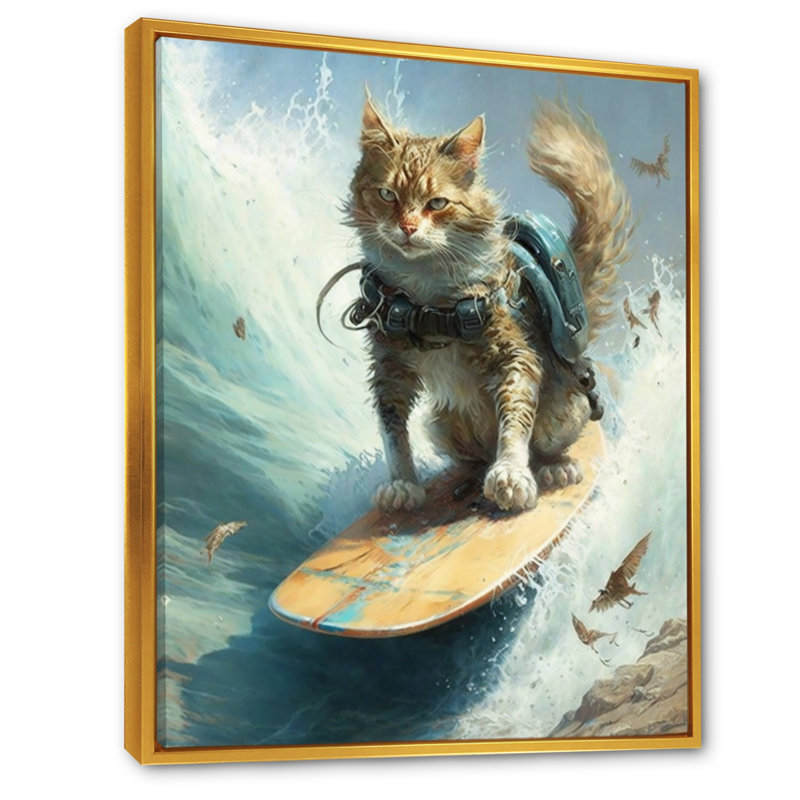 " Cat Surfing I ", 12" W x 20" H, Gold Floater Framed Canvas
