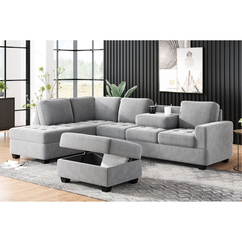 Canapé modulaire confortable avec méridienne réversible, rangement et porte-gobelet