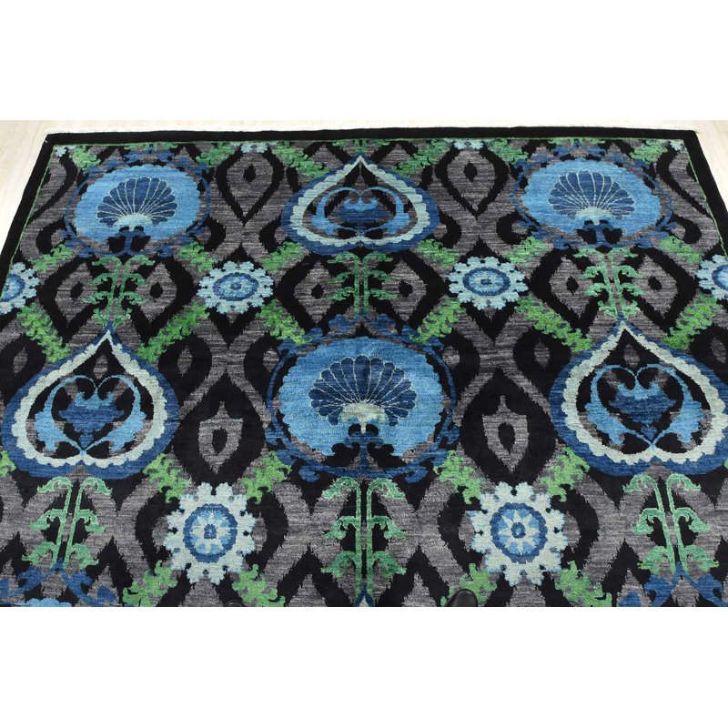 Tapis gris / bleu en laine noué à la main de conception unique 8 pi 1 po x 9 pi 8 po Gabrielly