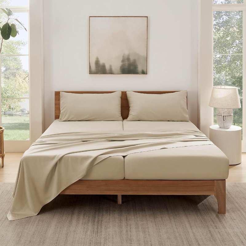 Essential Collection Cooling Rayon Derived from Bamboo Sheet Set, Beige, Split King Sheet Set with 2 Pillowcases