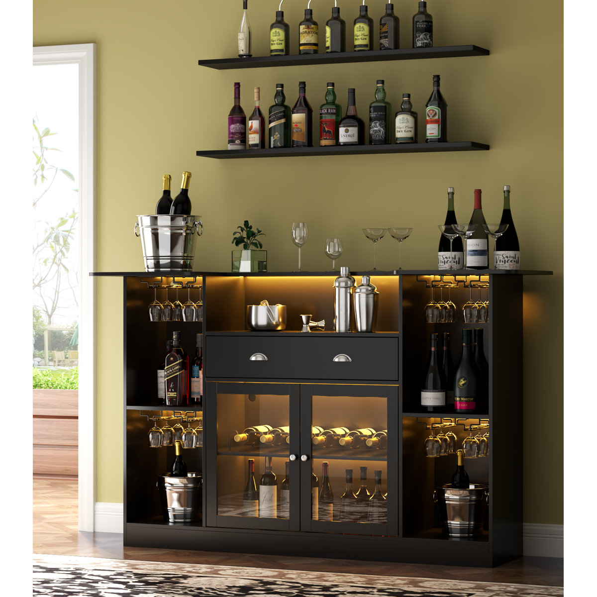 Wrought Studio Kodeah 62.99'' Bar Table Cabinet with LED & Drawer, Mini ...