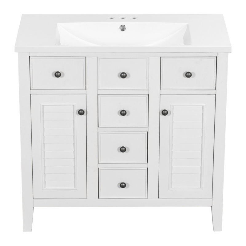 Meuble-lavabo 36 po avec lavabo en céramique, 2 armoires et 5 tiroirs, Blanc