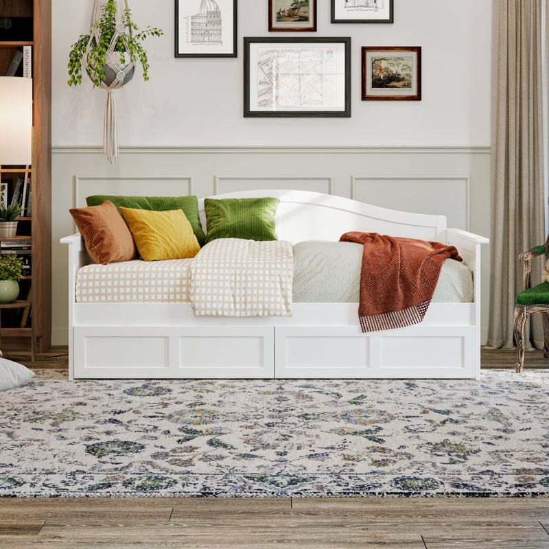 Lit de jour simple en bois massif avec tiroirs de rangement Anakaren, Blanc