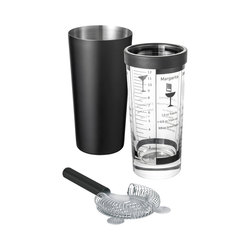 Black Stainless Steel and Glass Cocktail Shaker Set with Strainer