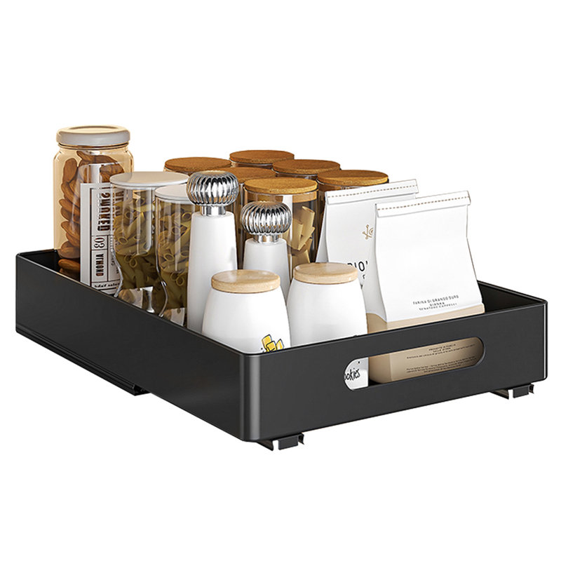 Pull Out Cabinet Organizers 14.5" Deep Slide Out Drawers Fixed with Adhesive Film for Pots, Black