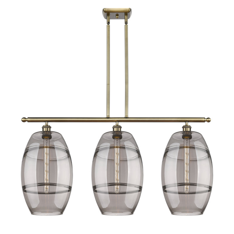 Luminaire suspendu pour îlot de cuisine 3 lumières Dundrod, Laiton antique, Gris fumée clair
