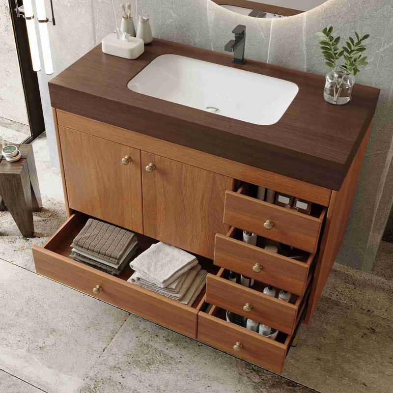 Meuble-lavabo sur pied 36 po avec plateau en pierre frittée 36 po, Noyer, Brun