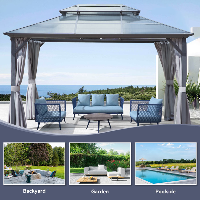 Gray 10x13ft Aluminum Hardtop Gazebo with Curtains and Netting
