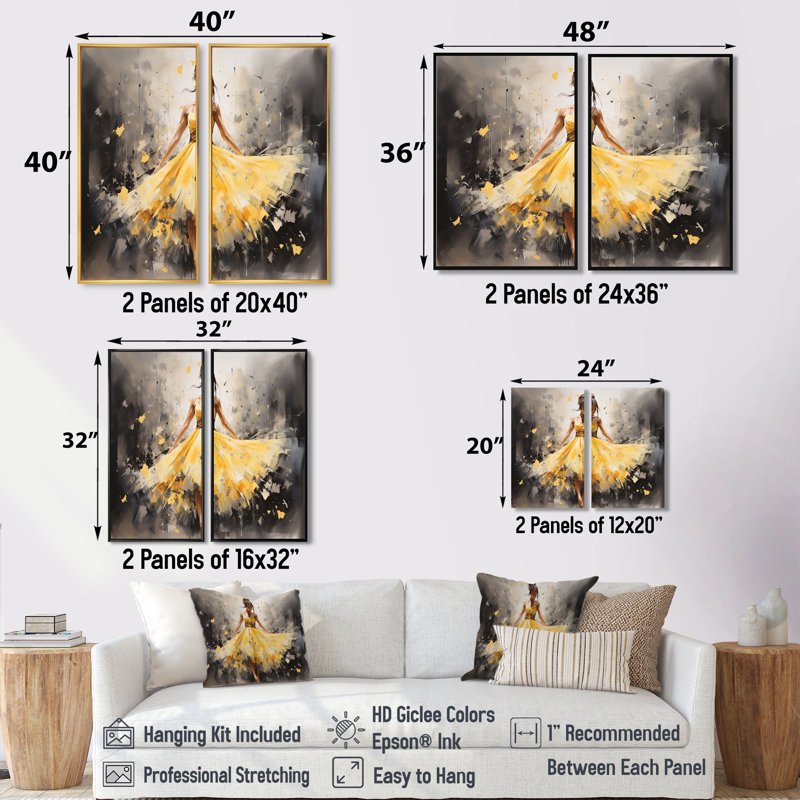 Danse de ballet jaune - grand imprimé sur toile 2 panneaux, Impression encadrée flottante, Black, 36" H x 48" W