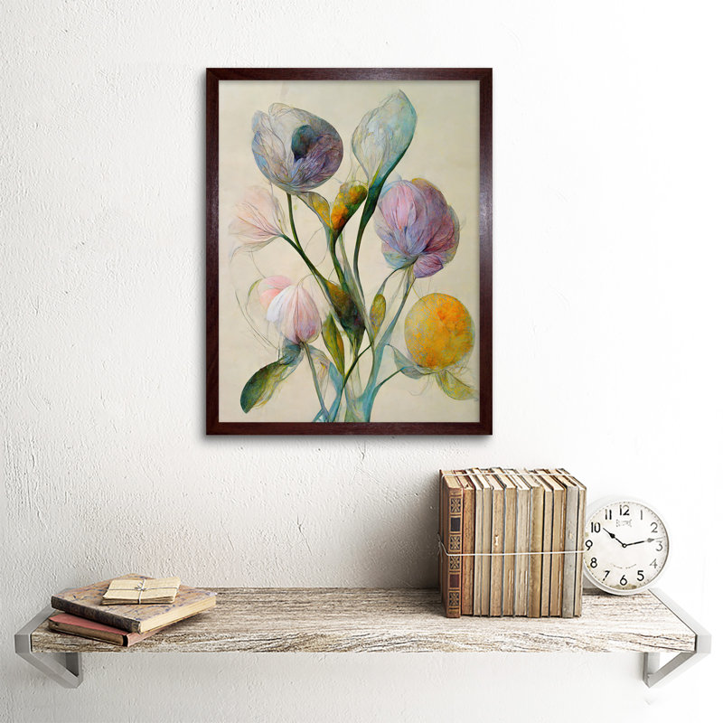 Modern Elegant Pastel Bouquet Abstract Flowers - Print, 43cm H x 33cm W x 2cm D, Brown Framed Unframed