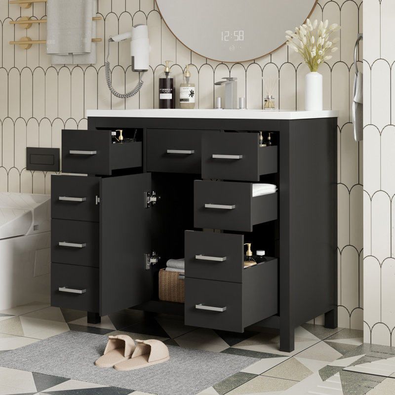 Meuble-lavabo moderne avec 5 tiroirs et 1 porte, Noir, noir, noir, noir