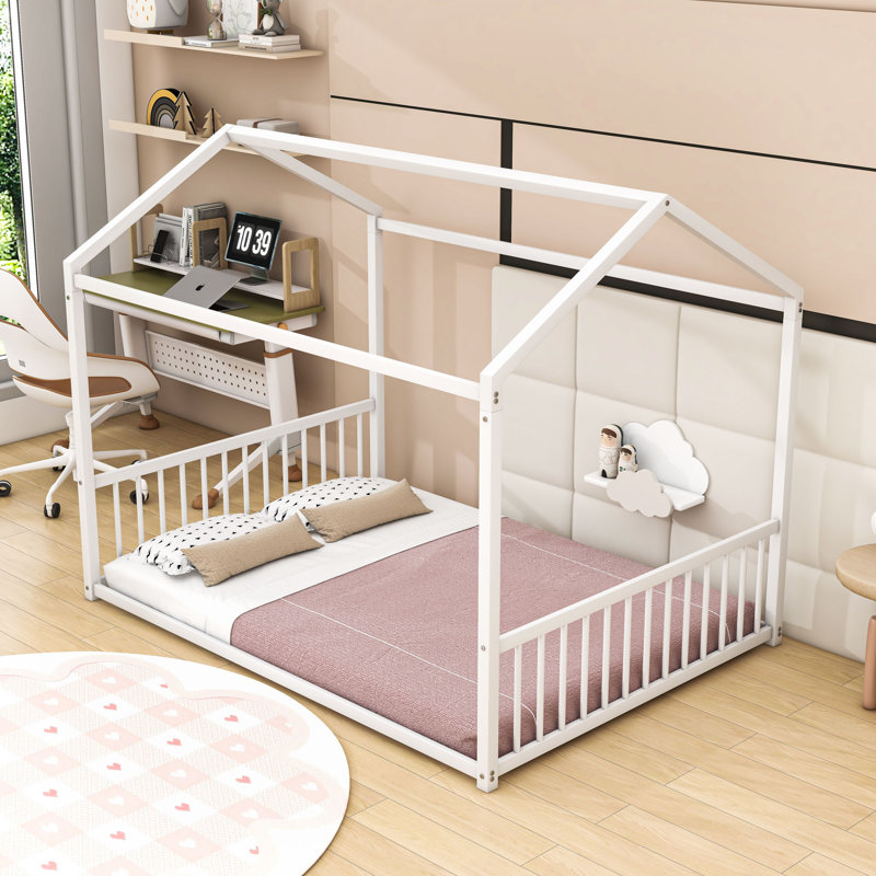 Floor Bed Frame  With Safety Guardrails, Twin, White