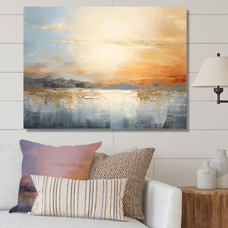Minimalisme beige et coucher de soleil doré sur toile, H 34 po x l 44 po x P 1,5 po, Toile tendue