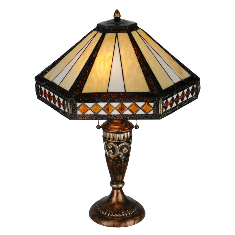 Stained Glass White Mission Table Lamp with Bronze Base