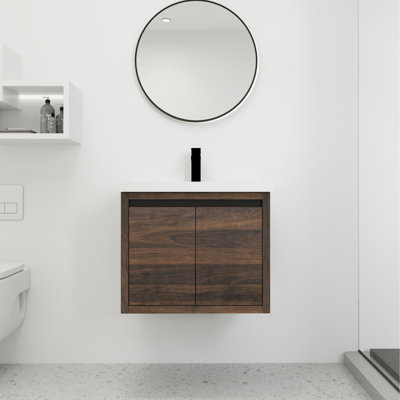 Meuble de salle de bain mural avec lavabo - armoire de 24 po, noyer, fermeture en douceur, unité de lavabo moderne au look moderne, luminaire élégant