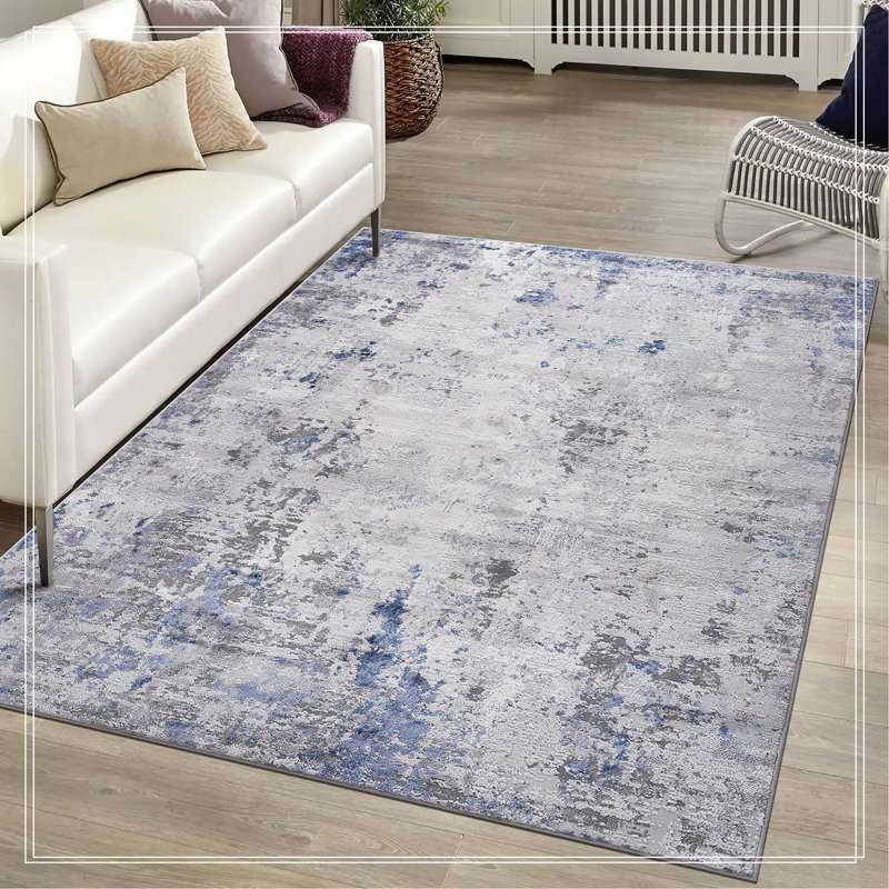Silver/Blue/Abstract Non-Shedding Living Room Bedroom Dining Home Office Stylish And Stain Resistant Area Rug