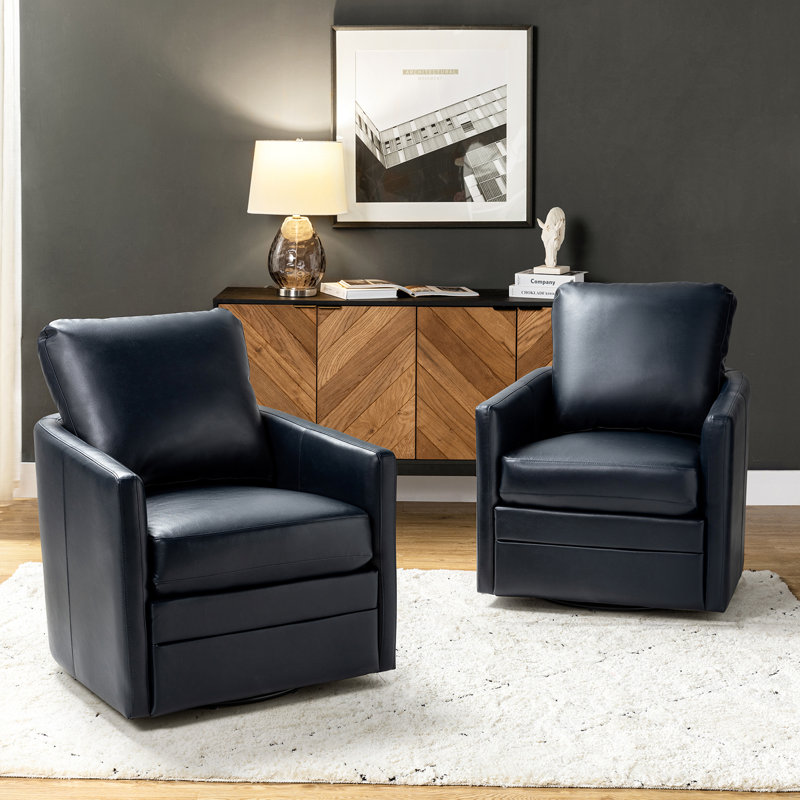 Alfonso 27"Wide Faux Leather Swivel Armchair, Navy Faux Leather