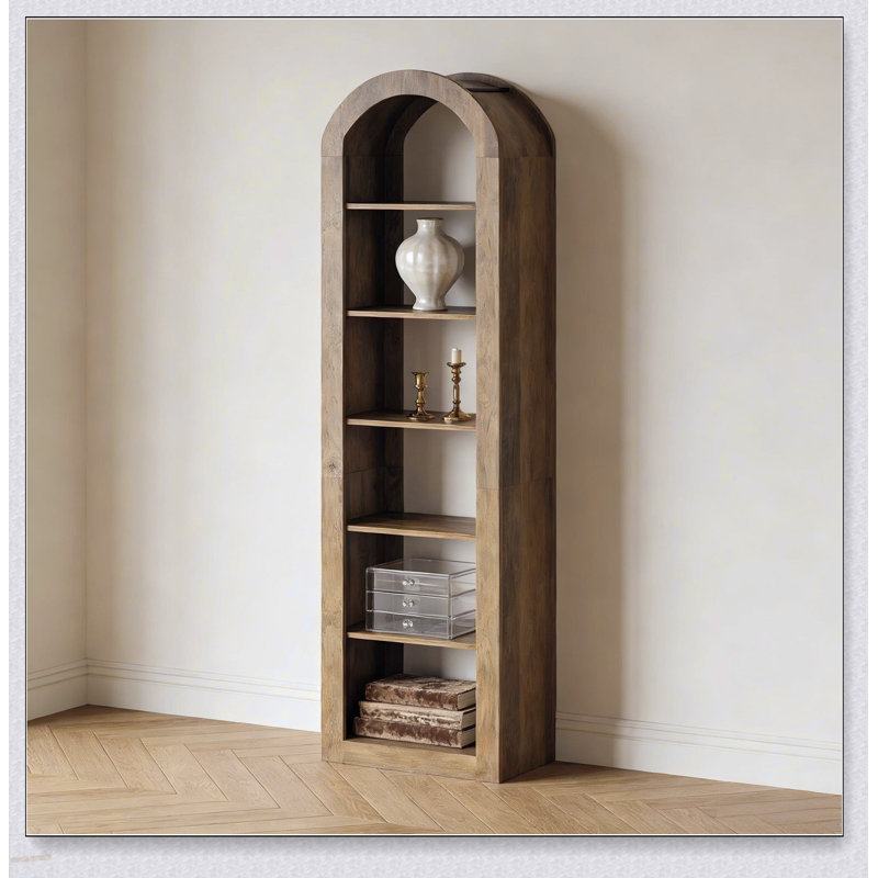 Bibliothèque rustique ouverte arquée avec 6 tablettes à niveaux, idéale pour le rangement élégant et la présentation dans n'importe quelle pièce