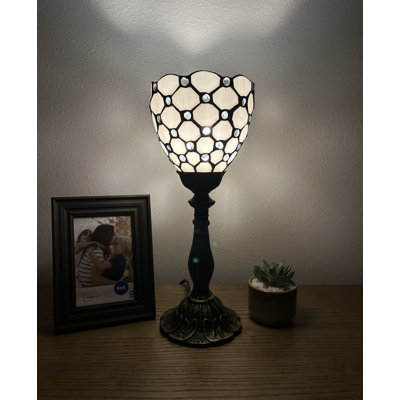 Wasola Tiffany Torch Mini Table Lamp White Stained Glass Crystal Beans Included LED Bulb 15"H*6"W
