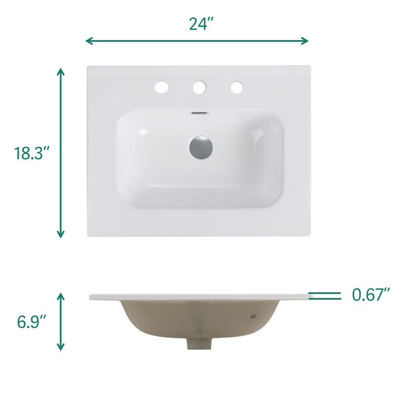 Lavabo intégré en céramique blanche avec trois trous de robinet pré-percés, ensemble de drain non inclus
