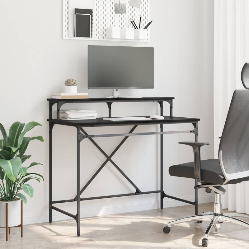 Metal Base Computer Desk, 90cm. H x 100cm. W x 50cm. D, Black Oak