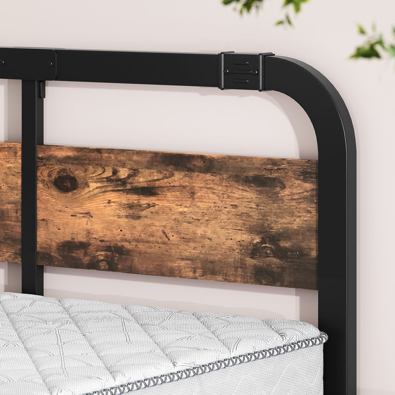 Grand lit plateforme en métal noir avec tête de lit en bois massif de 40 po, rangement sous le lit, support silencieux, aucun sommier requis