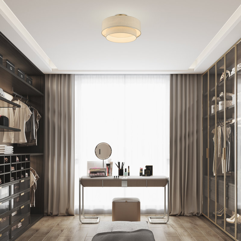 Bhagipuri Linen Blend Semi Flush Mount, Antique Gold Leaf, Cream, 9.75" H x 18" W x 18" D