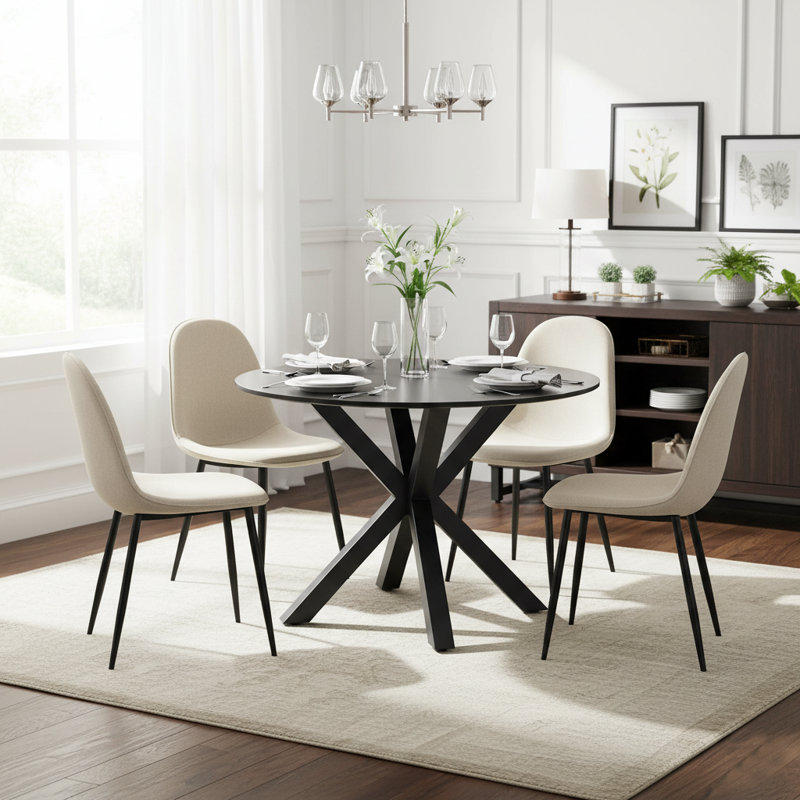5-Piece Round Dining Table Set For 4, Modern MDF Wood Top With Metal Legs And Upholstered Beige Chairs, Stylish Dining Room Furniture