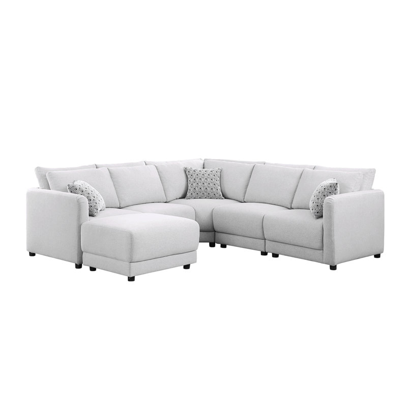 Penelope 94.5" Light Grey Linen Fabric Reversible L-Shape Sectional Sofa With Ottoman And Pillows, Left Hand Facing
