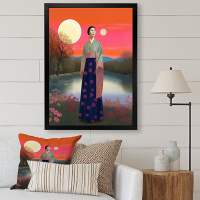 Femme japonaise traditionnelle sur fond de pleine lune, impression sur toile