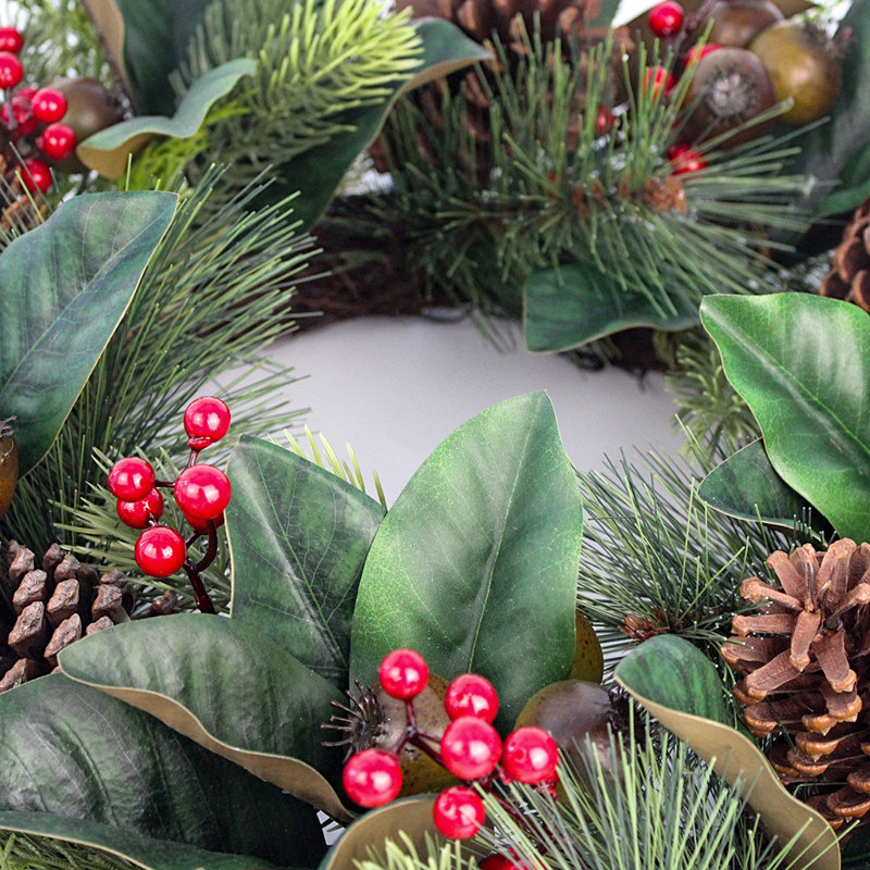 24" Artificial Christmas Wreath with Mixed Greenery & Berries – Elegant Holiday Front Door Decoration