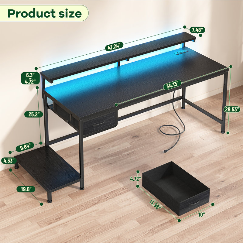 Small Home Office Computer Desk With Power Outlet And CPU Stand, Gaming Desk With Monitor Stand & LED Lights, Black/Black