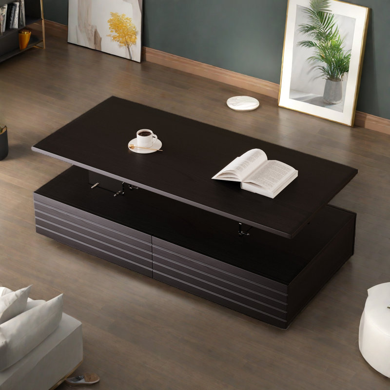 Modern Rectangular Coffee Table With Led Lights, 2 Drawers And Open Storage Shelf, Black