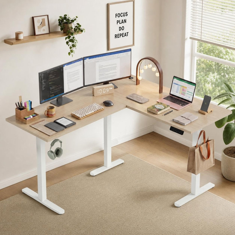 L-Shaped Electric Standing Desk, 63" x 55" Adjustable Corner Desk with Memory Controller, 3 Height Presets, 220 lbs Capacity