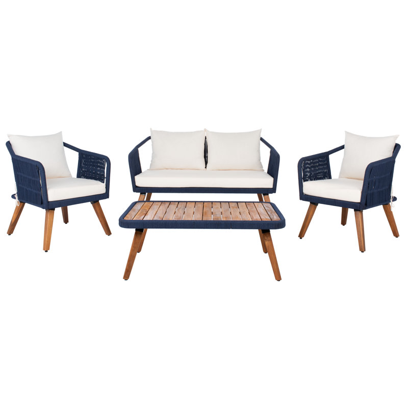 4 Piece Sofa Seating Group with Cushions, Navy Frame/Beige Cushion