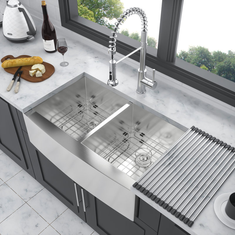 33" Stainless Steel Farmhouse Kitchen Sink, 16 Gauge, Double Bowl (50/50), Apron Front, 9" Deep Basins | Gift Idea