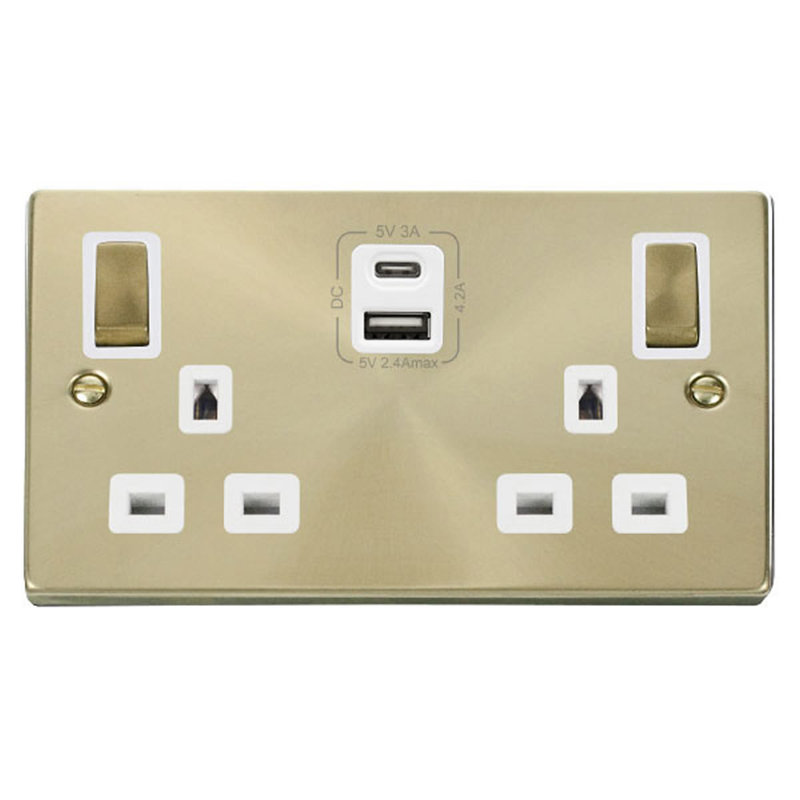 Satin Brass 2 Gang 13A DP Ingot Type A & C USB Twin Double Switched Plug Socket
