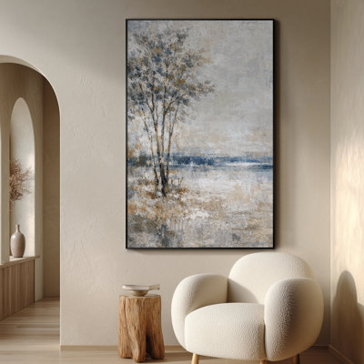 Extra Large Wall Art Fabric Print - Misty Monochrome Forest River Landscape for Living Room or Bedroom - "Frame Assembly Required (Unfinished Frame)"