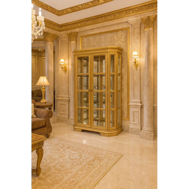 Donnelsville Solid Wood Lighted China Cabinet, Antique Gold/Ivory