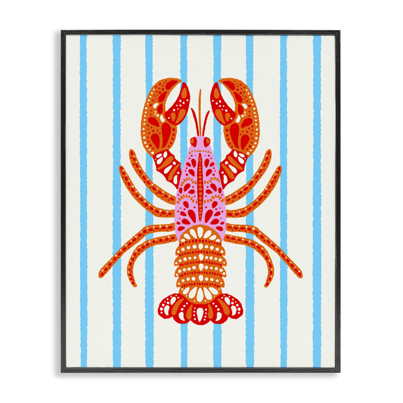 «Bright Boho Lobster on Stripes», estampe numérique, design par Indira Prieto | IndySign, Giclée noire de minuit encadrée
