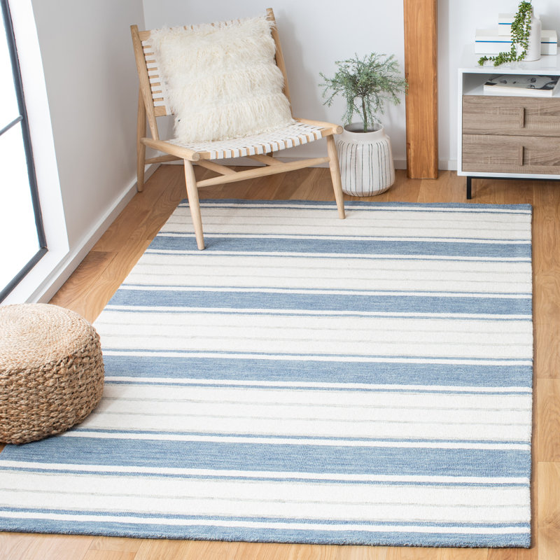 Starner Striped Handmade Tufted Wool Ivory/Light Blue Area Rug, Rectangle 5' x 8'