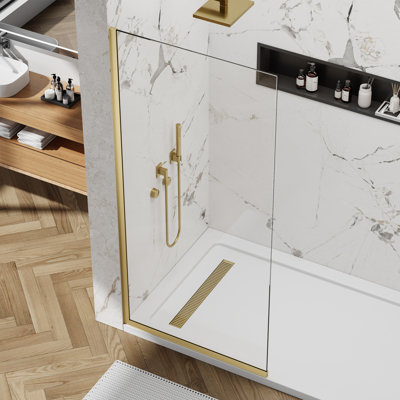 Yttsoyts Shower Bathtub Panel Screen Single Fixed Panel, 3/8 Inch Tempered Glass, Easy Clean Glass Tub Screen, 34"W X 74"H, Brushed Gold
