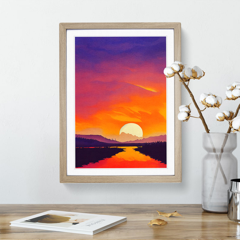 XV1022-4306X Sunset Lake Watercolour No.2 - Single Picture Frame Print, 64cm H x 46cm W, Oak Framed