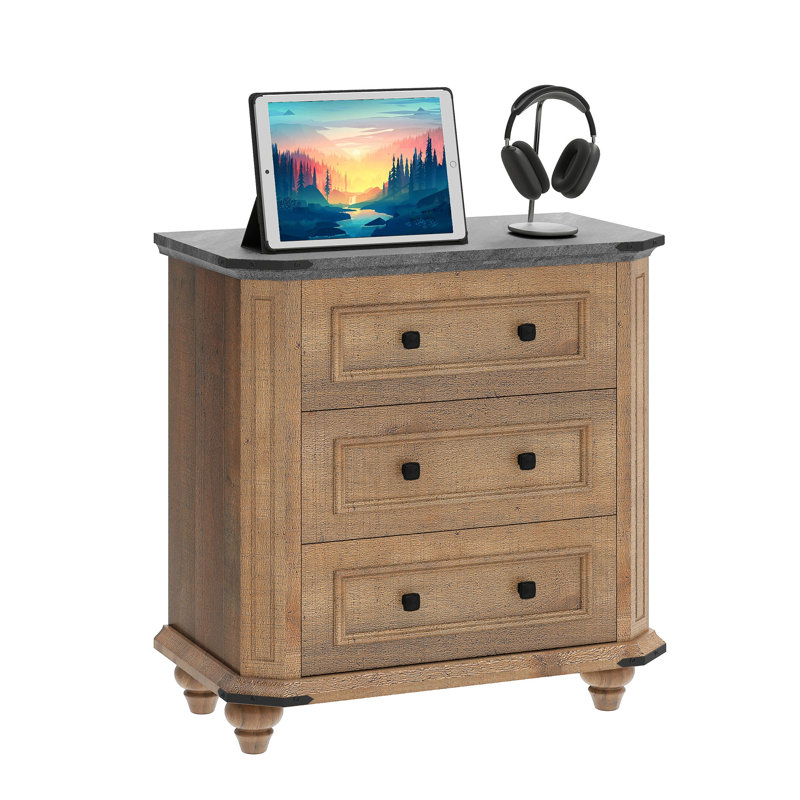 Farmhouse End Table With 3 Drawers And Built-In Outlets, Gray Top/Brown Base