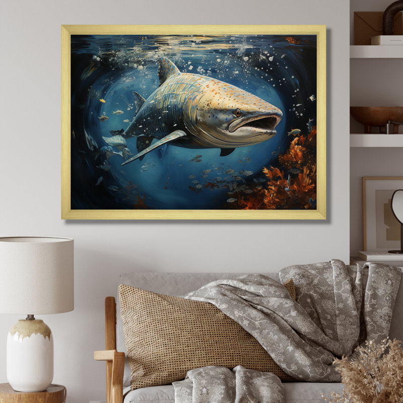 Requin gris, bleu, élégance II - imprimé, Encadrement doré, H 12 po x l 20 po x P 1 po
