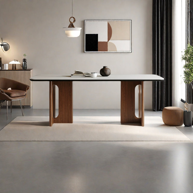 Une table de salle à manger en granit avec des pieds en bois de frêne, H 29,5 po x L 78,7 po x l 31,4 po, Blanc
