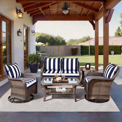 Ensemble de 4 coussins de patio de 25,6 po x 25,6 po, 4 coussins de siège d'extérieur résistants à la décoloration avec 4 paires d'attaches, coussin de siège profond pour chaises de patio, meubles en rotin, siège en osier, chaise Adirondack d'extérieur, rayures bleues et blanches